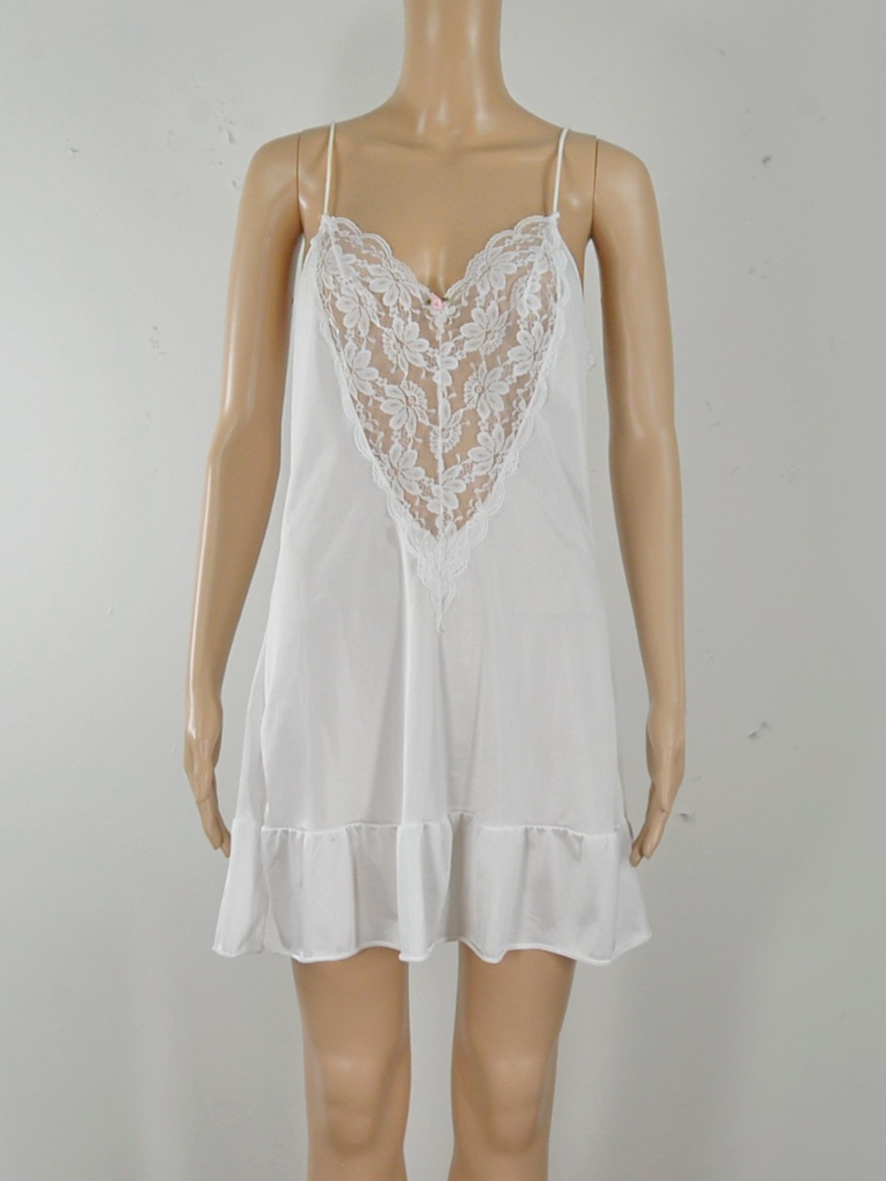 Vintage White Satin Silky Lace Slip Dress Nightgown Ruffle Chemise Coquette